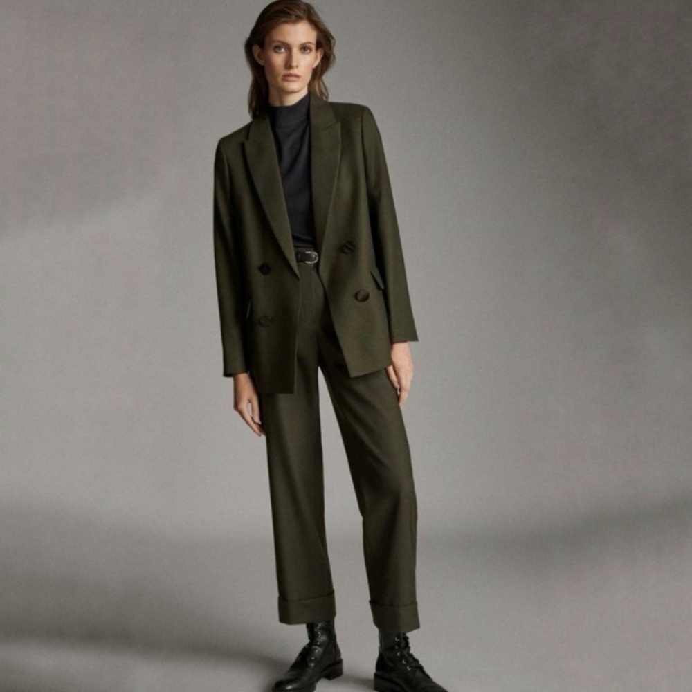 Massimo Dutti Wool Double Breasted Oversized Olive Green Blazer